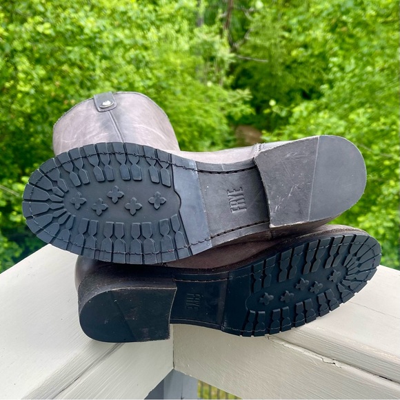 LIKE NEW FRYE Melissa Double Button Lug Distressed Charcoal Leather Riding Boots - Picture 14 of 16